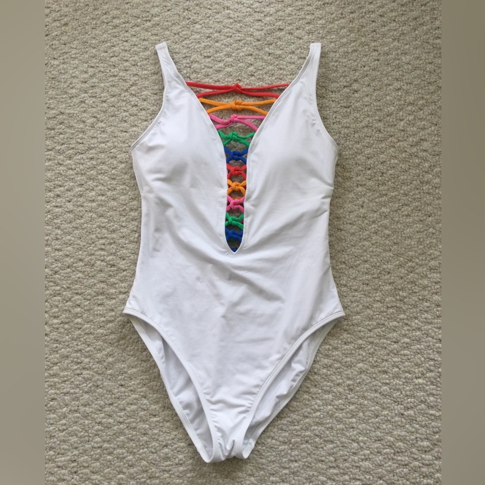 Blue Rod White One-Piece Swimsuit with Rainbow Lattice Front